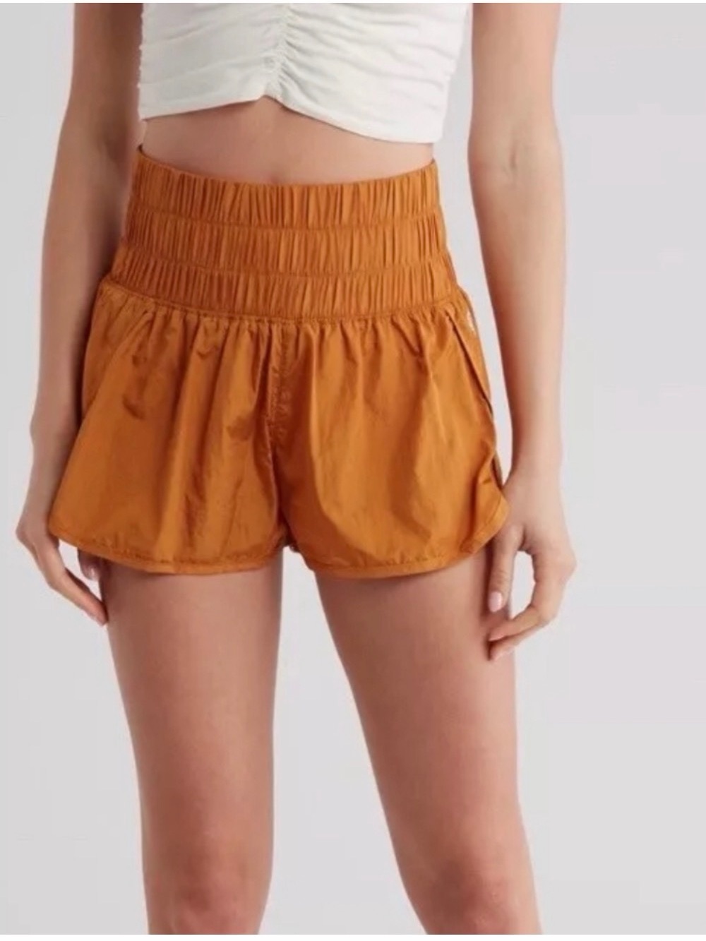 FP Movement The Way home sz Small Smocked Waist Athletic Shorts — Rust